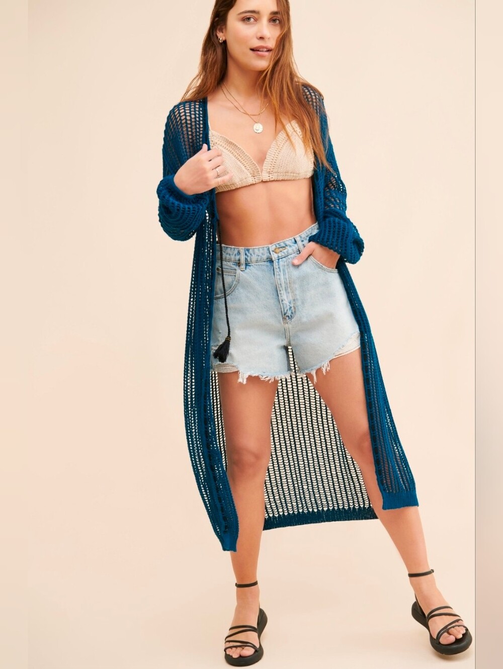 Free People Knit Cardigan Sz Medium Blue Loose Fit NWT$198